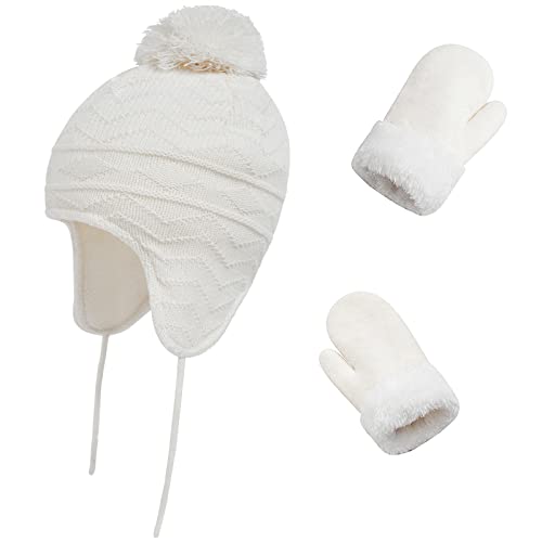 Toddler Winter Hat with Mittens Set - Baby Kids Warm Fleece Knit Beanie Hat & Thick Gloves Skiing Cap for Boys Girls