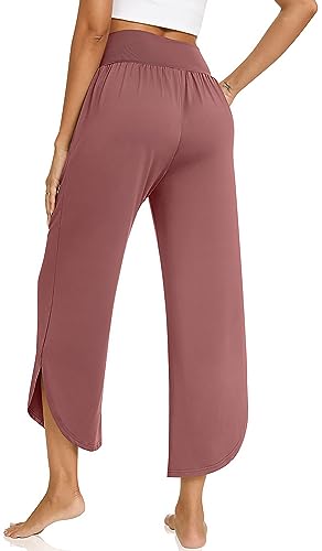 Image of TARSE Women's Wide Leg Yoga Pants Cross High Waist Flowy Split with Pockets | Comfy Lightweight Stretch, Flare Hem Cropped, Loose Dance Pants, Travel & Lounge, Everyday Casual Wear