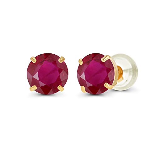 14K Solid Yellow Gold 4mm Round Natural Ruby July Birthstone Prong Set Stud Earrings For Women and Girls