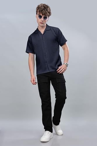 Image of SWADESI STUFF Men's Relaxed Fit Striped Short Sleeve Button-Down Casual Shirt