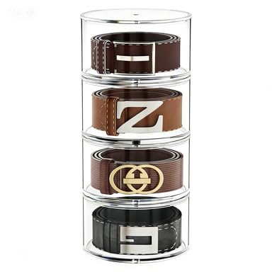 FEMELI Belt Organizer, Acrylic Belt Storage Holder for Closet & Drawer, 4-Layer Stackable Display Case for Belts, Watches, Jewelry and Ties