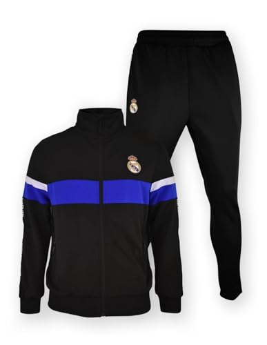 Image of Real Madrid Children's Two Piece Tracksuit Black Jacket Blue Stripe and Black Trousers Official Product