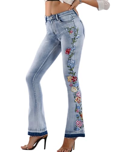 Andongnywell Women's Embroidered High Waist Skinny Fit Cropped Denim Pants Embroidery Jeans Trousers