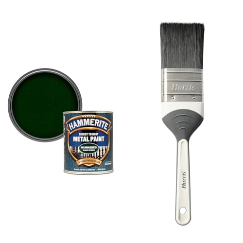Hammerite Direct to Rust Metal Paint - Hammered Dark Green Finish 750ML & Harris Seriously Good Metalwork Flat Paint Brush, 2, Grey, 102071001