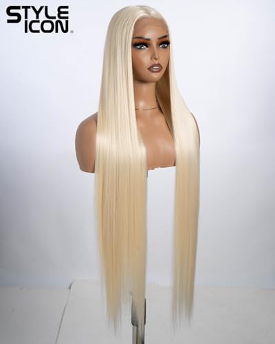 Style Icon Super Long Straight Lace Front Wig for Women 38 Inch Blonde Long Straight Hair T Part Wig Pre Plucked with Baby Hair Synthetic Heat Resistant Fiber (613) - Image 2