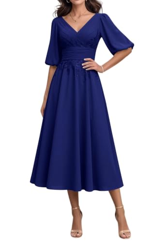 Robe de célébrité pour femme col en V en mousseline de soie bleu marine froncée