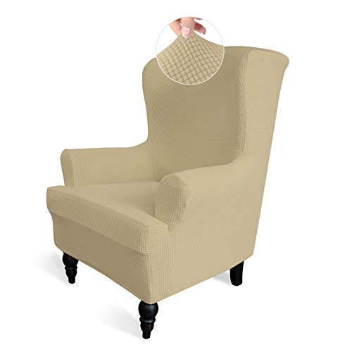 Easy-Going Stretch Wingback Chair Sofa Slipcover 1-Piece Sofa Cover Furniture Protector Couch Soft with Elastic Bottom Spandex Jacquard Fabric Small Checks(Wing Chair,Beige)