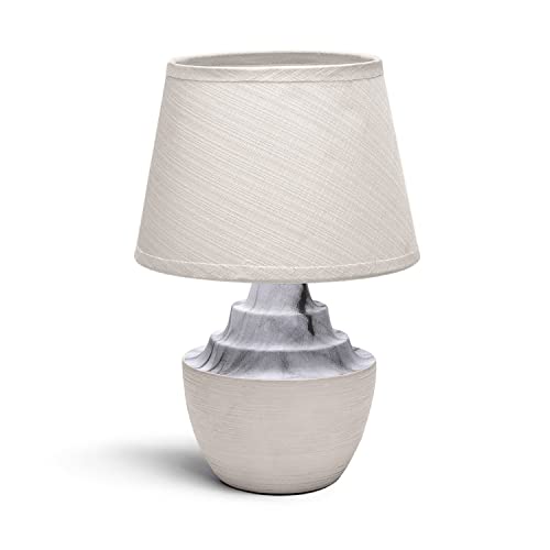 Aigostar - Lámpara de cerámica de mesa, cuerpo color tostado semi ovalado, pantalla de tela color blanco, casquillo E14. Lampara mesita noche, perfecta para el salón, dormitorio