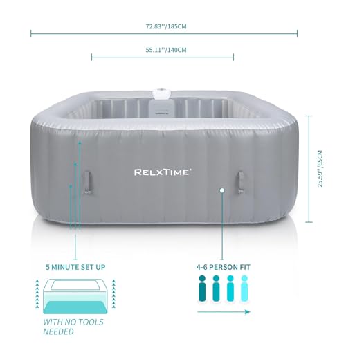RELXTIME 73in x 73in 4-6 Person Inflatable Hot Tub Spa, AirJet Outdoor Portable Hottub with 130 Bubble Jets, Filter Cartridges, Insulated Cover, Grey