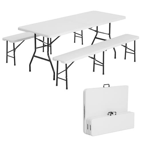 Winlice 6 FT White Picnic Folding Table Set with 2 Benches, Portable Patio Dining Sets for Backyard, Lawn, Event, Party, Camping
