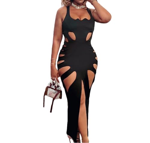 Women's Sexy Sleeveless Hollow Out Maxi Dress Tassel See Through Backless Bodycon Party Club Long Dress
