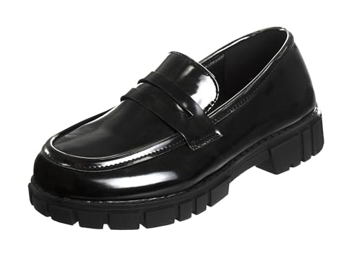 Girls Chunky Platform Loafers Faux Leather Slip On Dress Shoes with Lug Sole- Black Patent 2 Big Kid