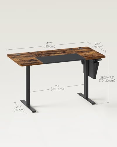 VASAGLE Electric Standing Desk, Height Adjustable Desk, 60 x 120 x (72-120) cm, 4 Memory Heights, Storage Pocket, for Home Office, Study, Rustic Brown and Matte Black LSD015X11V1