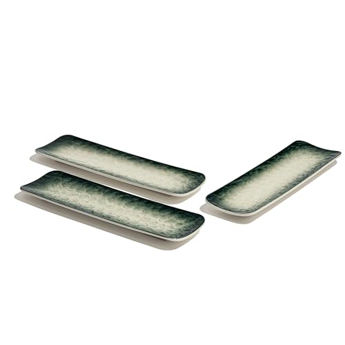 Image of Beyond Homes Ceramic Sushi & Dimsum Serving Trays Set of 3 | 10 Inch Long Rectangular Plates | Ceramic Platter Plates for Serving Snacks, Momos, Sushi & Desserts | Microwave & Dishwasher Safe | Green