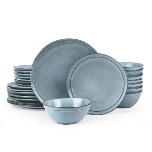 Image of Famiware Aegean Stoneware Dinnerware Set for 8, Plates and Bowls Sets, 24 Pieces Scratch Resistant Dinner Set, Handmade Irregular Round Dishes - Microwave and Dishwasher Safe, Blue Grey