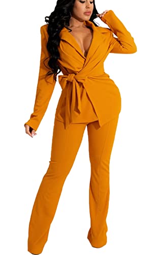 Bluewolfsea Women 2 Piece Outfits Work Casual Long Sleeve Open Front Blazer and Pants Set Ladies Business Suits Sets