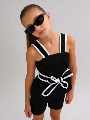 Image of Cakaner Tween Girls 2 Piece Outfit Set Summer Tank Top and Elastic Waist Shorts with Belt Size 7-14