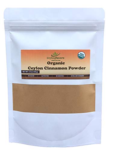 Ceylon Flavors Organic Ceylon Cinnamon Powder, Premium Special Grade, Non GMO, Harvested & Packed from a USDA Certified Organic Farm in Sri Lanka (3.5 Ounce)