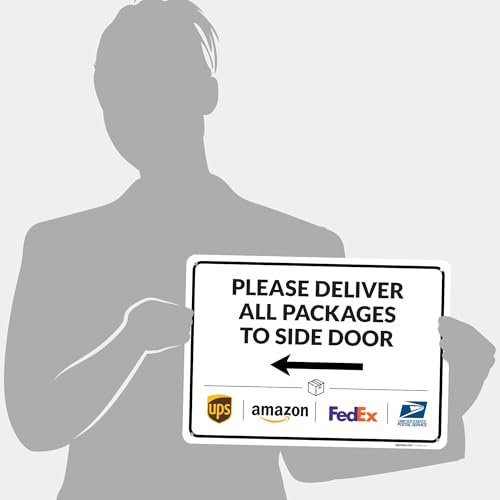 Image of Package Delivery Sign, Delivery Instructions Deliver All Package to Side Door Left Arrow Sign, 10x14 Inches, Rust Free .040 Aluminum, Fade Resistant, Made in USA