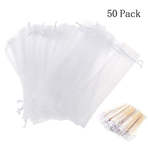 Dproptel Bolsas plegables de organza con cordón para ventilador de mano, para fiesta, boda, regalo, 5 x 25 cm, 50 unidades, color blanco