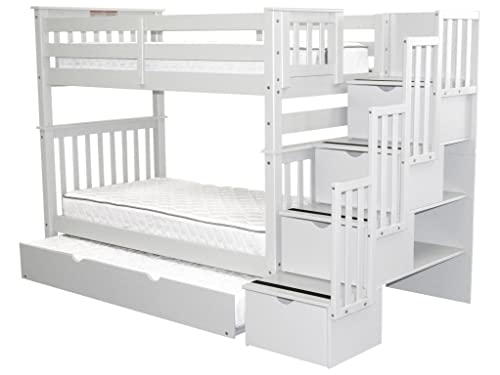 Bedz King Tall Stairway Bunk Beds Twin Over Twin With 4 Drawers In The Steps And A Twin Trundle, White #TOP3