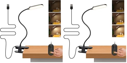 Aigostar Flexo LED Pinza con Cable, Lámpara de Lectura para Cama y Cabecero, Luz Clip Escritorio USB, 3 Modos 4000K, Brazo 360°, Protección Ocular para Leer, Estudiar, Niños, Negro (Paquete de 2)