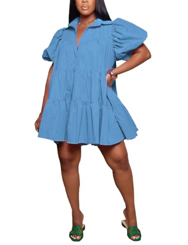 Image of WOKANSE Women's Cute Babydoll Dresses Casual Loose Puff Sleeves Ruffle Hem Button Down Pleated Shirt Dress