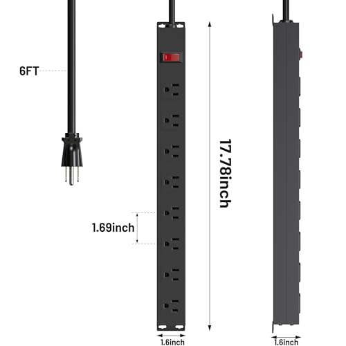 Image of 8 Outlet Power Strip with 6FT Long Power Cord Heavy Duty Metal Power Strip Wall Mount for Kitchen,Office,School,Commercial,Workshop,Industrial Listed Socket,1825W /125V /15A,Black(6FT)