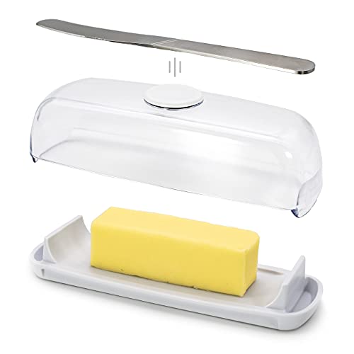 Butter Hub Butter Dish with Lid and Knife, Magnetic Butter Keeper, Easy Scoop, No Mess Lid, Plastic, Dishwasher Safe (Clear)