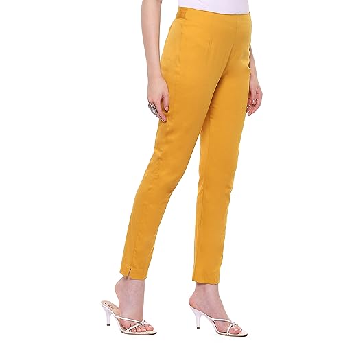 Image of Rangriti Peach Poplin Lycra Slim Solid Slim Pants for Women