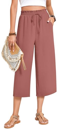 Image of Anyhold Women's Capri Pants Drawstring Casual Palazzo Trousers with Pockets Loose High Waisted Wide Leg Lounge Pants
