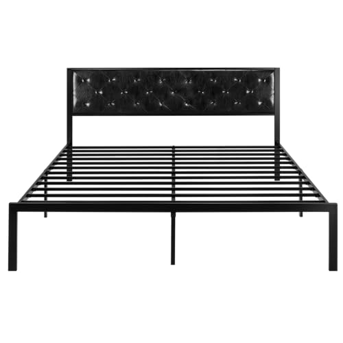 Image of Allewie King Bed Frame with Faux Leather Upholstered Headboard, Chic Diamond Stitched Tufted Design, No Box Spring Needed, Black