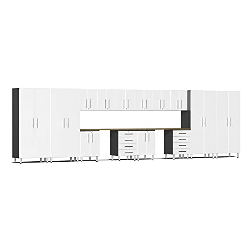 Ulti-MATE UG22162W 16-Piece Garage Cabinet Kit with Bamboo Worktops in Starfire White Metallic