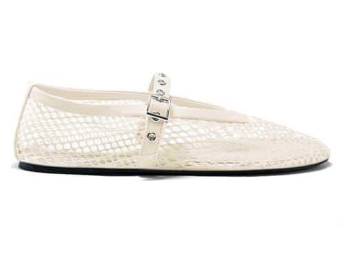 Image of Coutgo Womens Mesh Ballet Flats Mary Jane Fishnet Ballerina Buckle Strap Comfortable Causal Dress Shoes