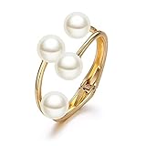 Caiyao 14K Plated Gold Big Pearl Clasp Cuff Bracelets Asymmetric Broadside Ball Handcuffs Wrist Bangle for Women Girls Simple Fashion Jewelry-A Layered