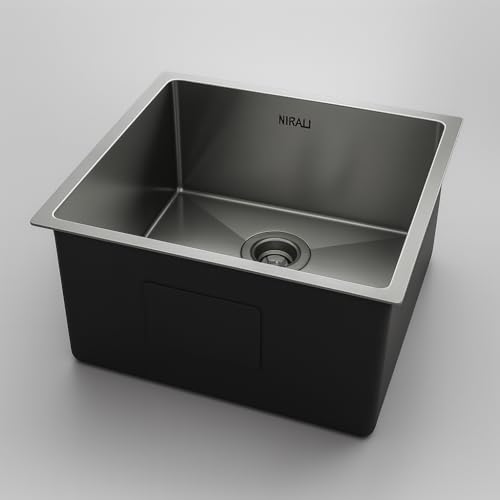 Image of NIRALI Kitchen Sink 16 inch x 14 inch Square 304 Stainless Steel | Single bowl Sink Round Coupling | Rust & Stain Resistant | Matt Finish | Minimizes Sound Molly Square Sink (SS-304)(16 inch x 14 inch x 8 inch)