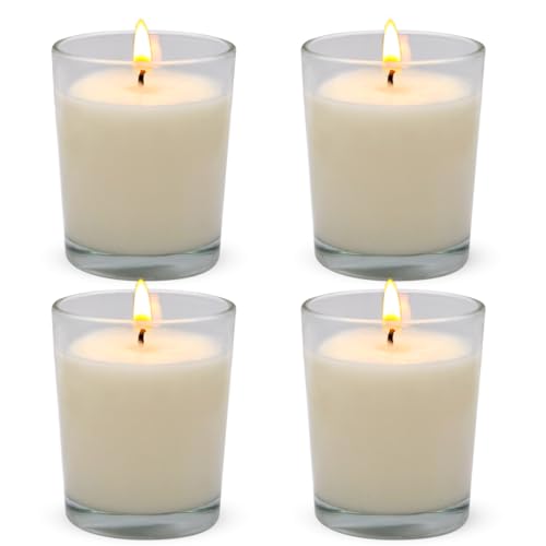 Set of 4 White Votive Candles for Home Décor Weddings Holidays Party and DIY, Unscented Soy Wax Candle Filled in Clear Glass