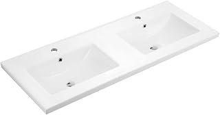 Lavabo Encimera Cerámico Doble Seno | Lavabo sobre Encimera Rectangular | Pila Lavamanos 121x46 cm | Compatible con Mueble de Baño 120x45 cm, 2 lavabos Integrados, Rebosadero, Orificio Grifo