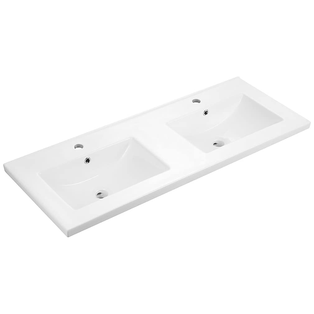 Lavabo Encimera Cerámico Doble Seno | Lavabo sobre Encimera Rectangular | Pila Lavamanos 121x46 cm | Compatible con Mueble de Baño 120x45 cm, 2 lavabos Integrados, Rebosadero, Orificio Grifo
