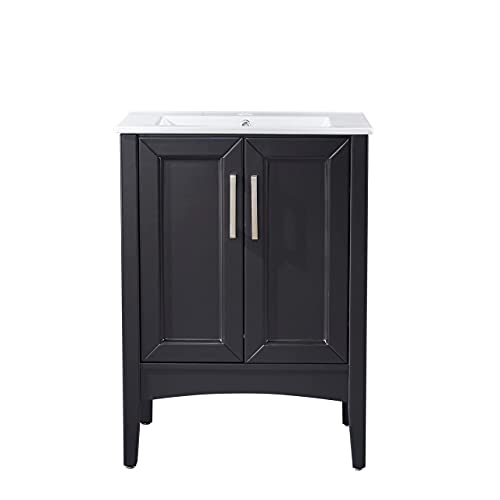 Delavin 24" Freestanding Bathroom Vanity And Sink Set, White Rectangle Ceramic Vessel Sink, Single Wood Modern Bathroom Storage Cabinet With 2 Doors (Espresso) #TOP2