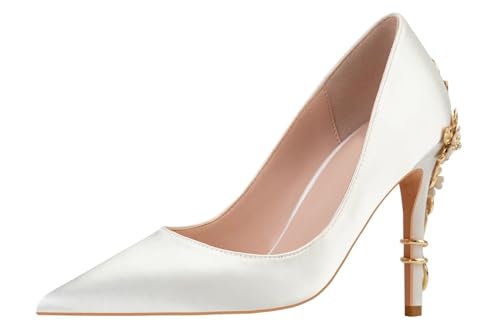 LUXINYU Women Pointed Toe Heels Elegant Satin Stiletto Fashion Metal Flower Rhinestone Wedding Dress Shoes Ladies Evening Party Pumps
