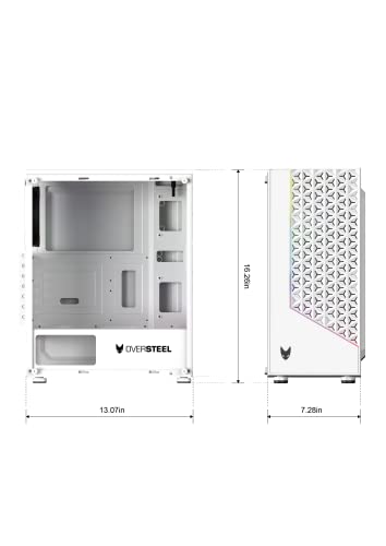 Oversteel - Iridium Gaming PC Gehäuse Kompatibel mit ATX, Micro ATX und ITX Boards, 120mm A-RGB Lüfter, Mesh Front, 2 Staubfilter, gehärtetes Seitenglas, USB 3.0, Weiß