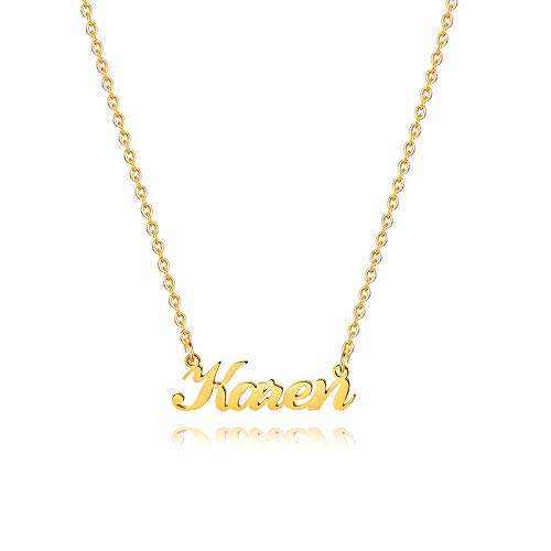 M MOOHAM Customize Karen Name Necklace- 18K Gold Filled Custom Name Necklace Personalized Name Necklaces for Women Girls Kids, Monogram Plate Name Necklace Name Jewelry