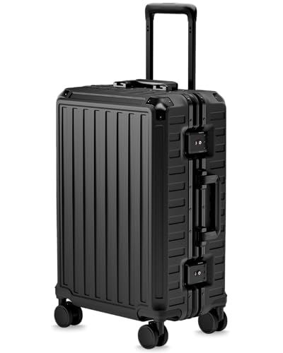 Image of LUGGEX Carry On Luggage with Spinner Wheels, 8010S Aluminum Frame Zipperless Polycarbonate Hard Shell Suitcase (ZX-Core, Black, 21 Inch)