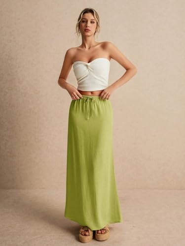 EARKOHA 2025 Women's Summer Maxi Skirt Drawstring Low Waist A Line Linen Long Flowy Skirts Lime Green XS4