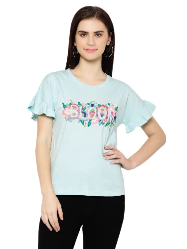 HOUSE OF KKARMAWomen Blue Bloom Embroidery Round Neck T-Shirt