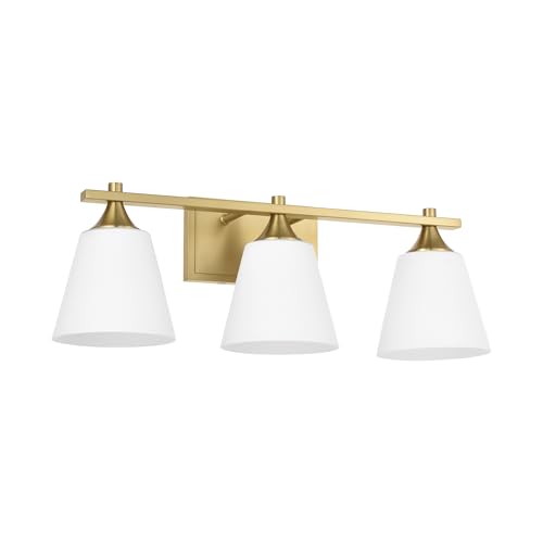 Image of Brass Bathroom Vanity Light Fixtures, 3 Lights Traditional Gold Vanity Lighting Fixture with Opal Glass Shade, Porch Wall Mount Light Fixture for Bathroom, Mirror Cabinets Hallway Stairs, Aged Brass