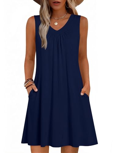 Zeagoo Navy Blue Tank Dress for Womens 2026 Casual Summer Dresses with Pockets V Neck Sundresses Women Sleeveless A Line Dresses S