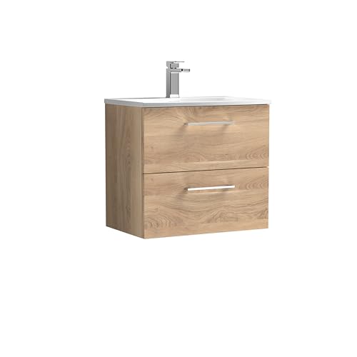 nuie ARN3024G Arno Modern Bathroom Wall Hung 2 Soft Close Drawer Vanity Unit and Curved Basin, 600mm, Bleached Oak Woodgrain