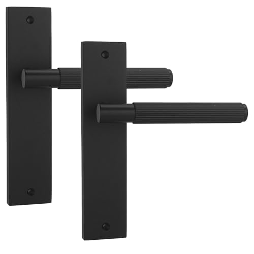 Image of Decoranddecor Hera Matt Black Knurled Backplate Door Handles Set – Lever Operation Internal Hardware with 145mm Handle on 200x45mm Panel for Modern and Secure Installations